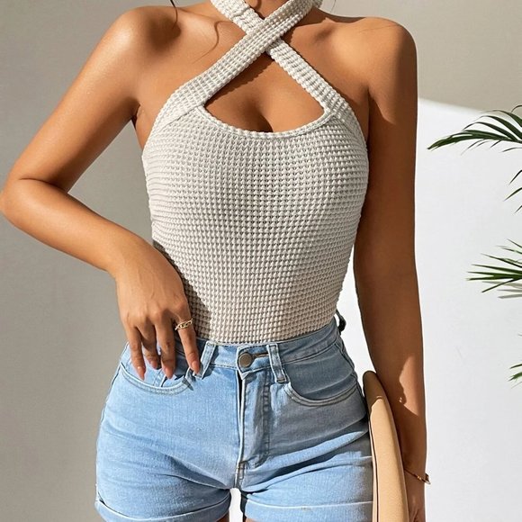 Sexy Womens Solid Criss Cross Halter Top - Picture 2 of 5